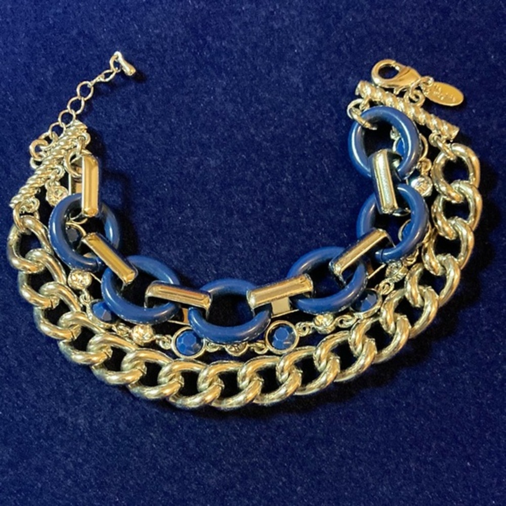 Lia Sophia silver tone and blue enameled w/crystals triple strand link bracelet